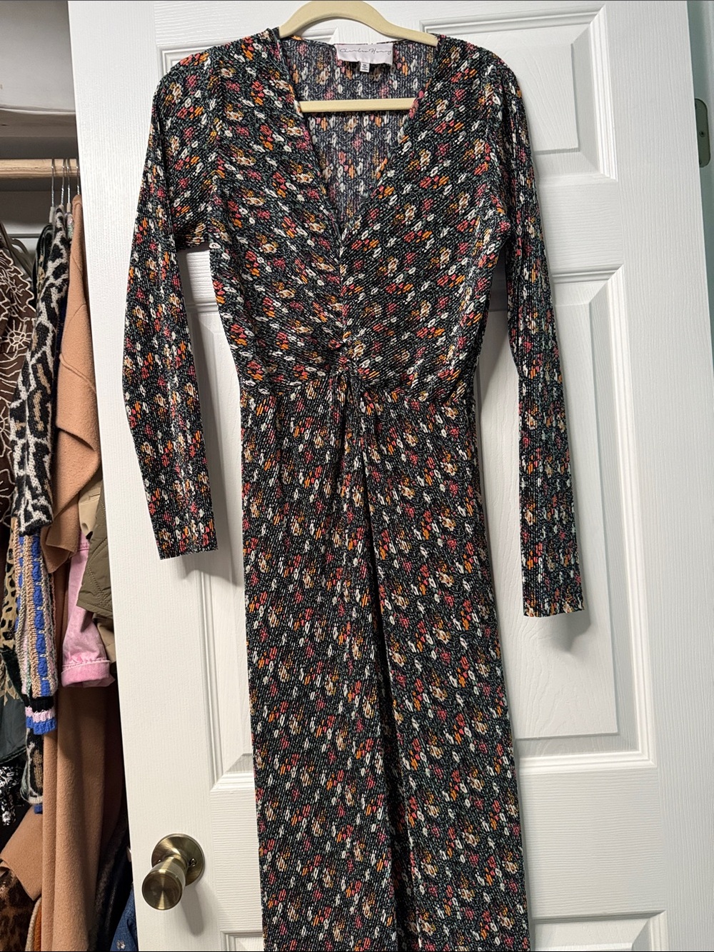 Charles Henry Black Floral Long-Sleeve Wrap Dress